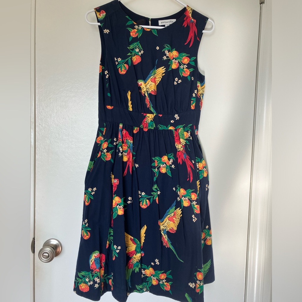 Emily & Fin knee length dress, navy blue with parrots and oranges print.